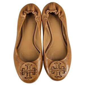Tory Burch Tan Leather Logo Round Toe Ballet Flats